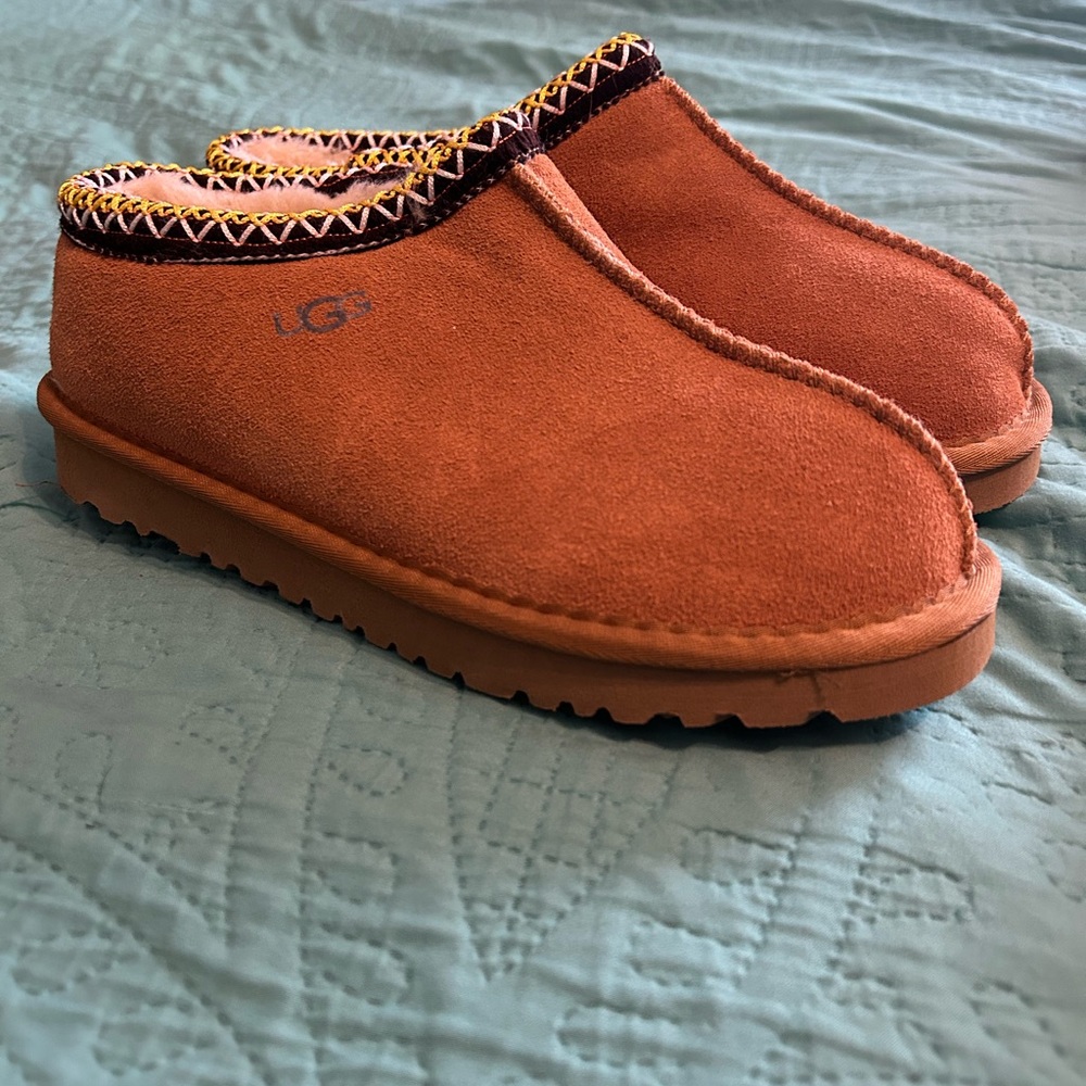 UGG Tan Suede Slippers with Patterned Trim